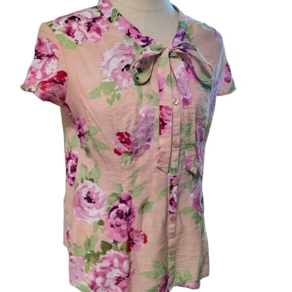 (854)Van Heusen Studio Blush Pink Button Front Floral Print Top Size L - Picture 1 of 8